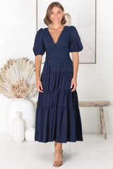 Sarelle Midi Dress - V Neck A Line Pleated Waistline Tiered Dress in Navy