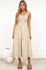Sarlie Midi Dress - Shirred Bodice Cotton/Linen Blend Tiered Dress in Beige