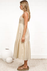 Sarlie Midi Dress - Shirred Bodice Cotton/Linen Blend Tiered Dress in Beige