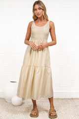 Sarlie Midi Dress - Shirred Bodice Cotton/Linen Blend Tiered Dress in Beige