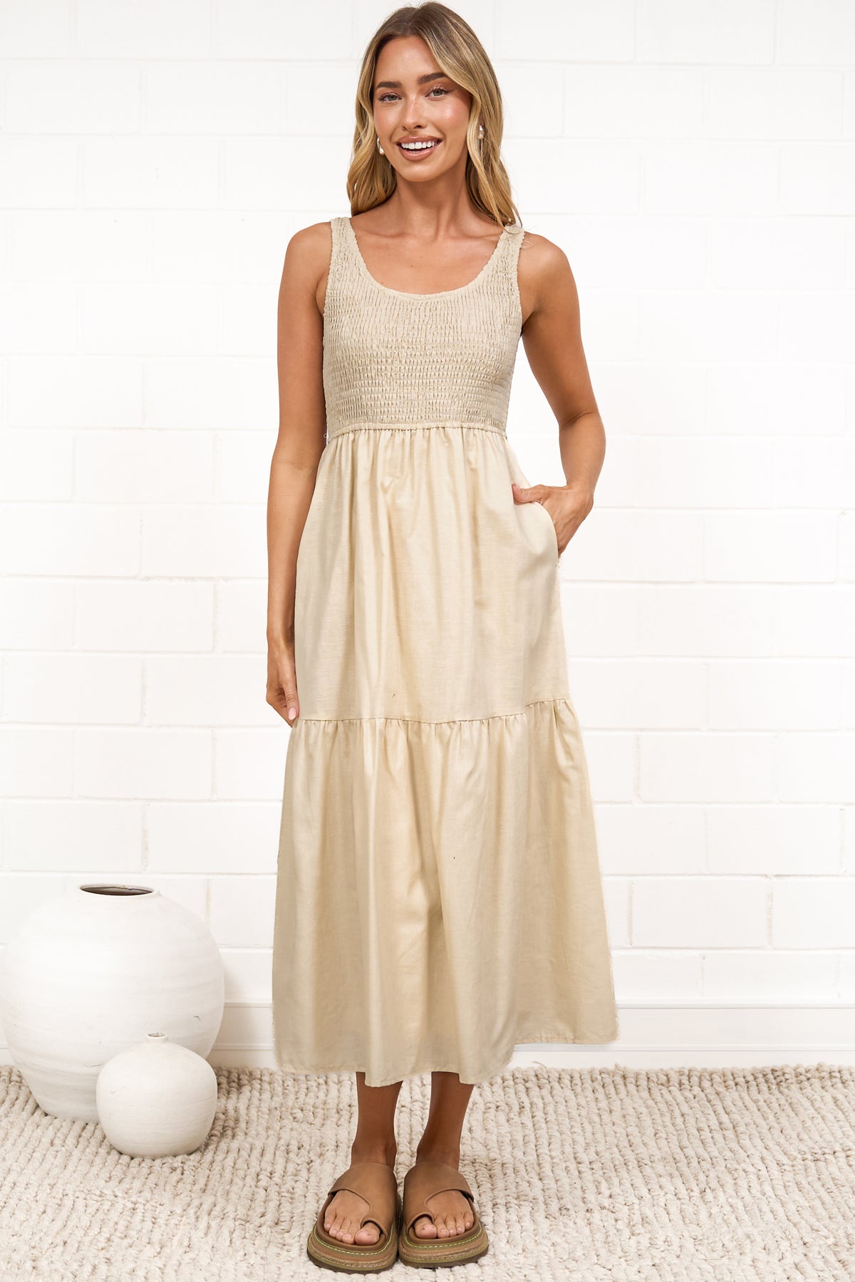 Sarlie Midi Dress - Shirred Bodice Cotton/Linen Blend Tiered Dress in Beige