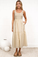 Sarlie Midi Dress - Shirred Bodice Cotton/Linen Blend Tiered Dress in Beige