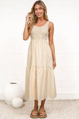 Sarlie Midi Dress - Shirred Bodice Cotton/Linen Blend Tiered Dress in Beige