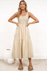 Sarlie Midi Dress - Shirred Bodice Cotton/Linen Blend Tiered Dress in Beige