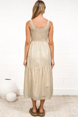Sarlie Midi Dress - Shirred Bodice Cotton/Linen Blend Tiered Dress in Beige