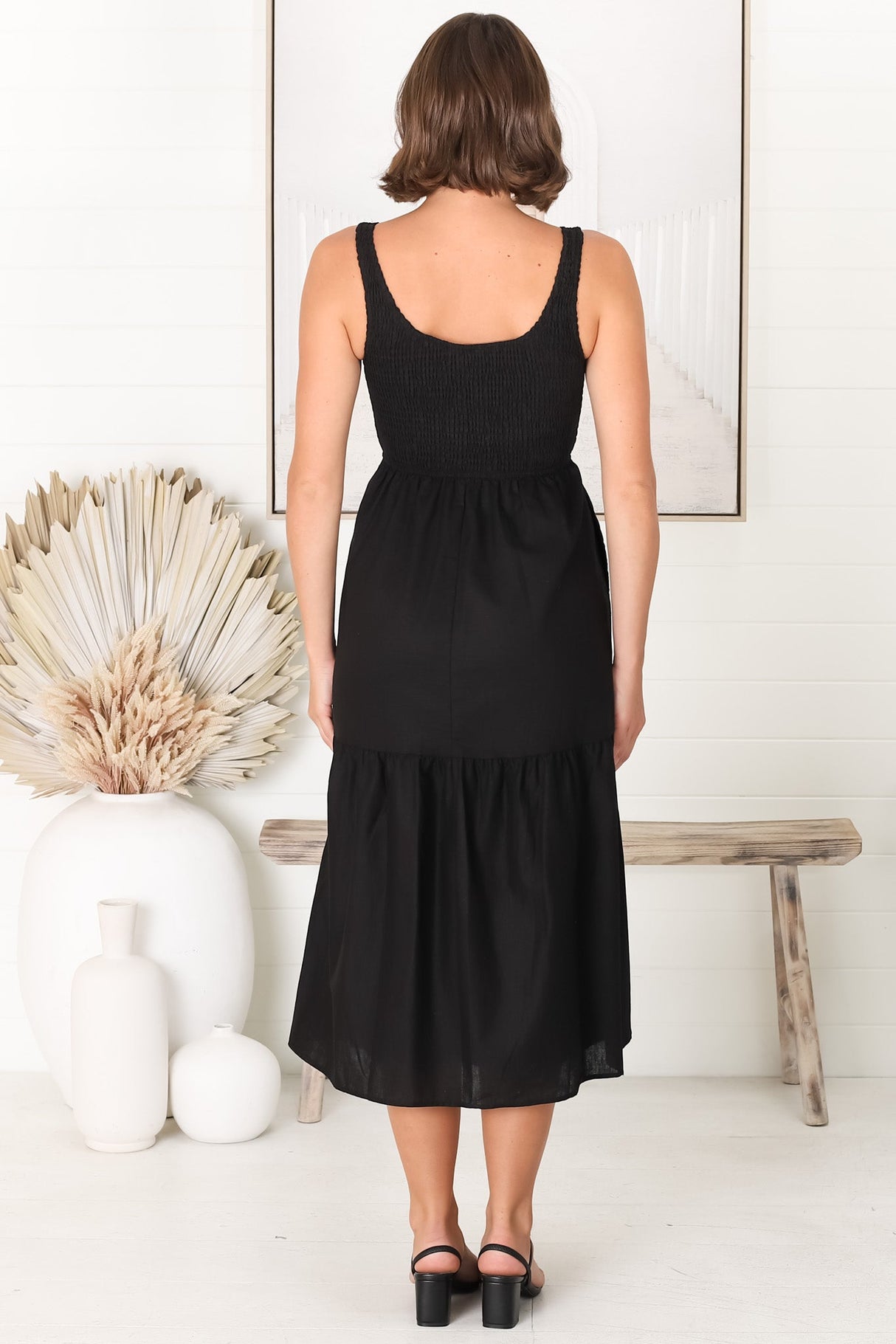 Sarlie Midi Dress - Shirred Bodice Cotton/Linen Blend Tiered Dress in Black