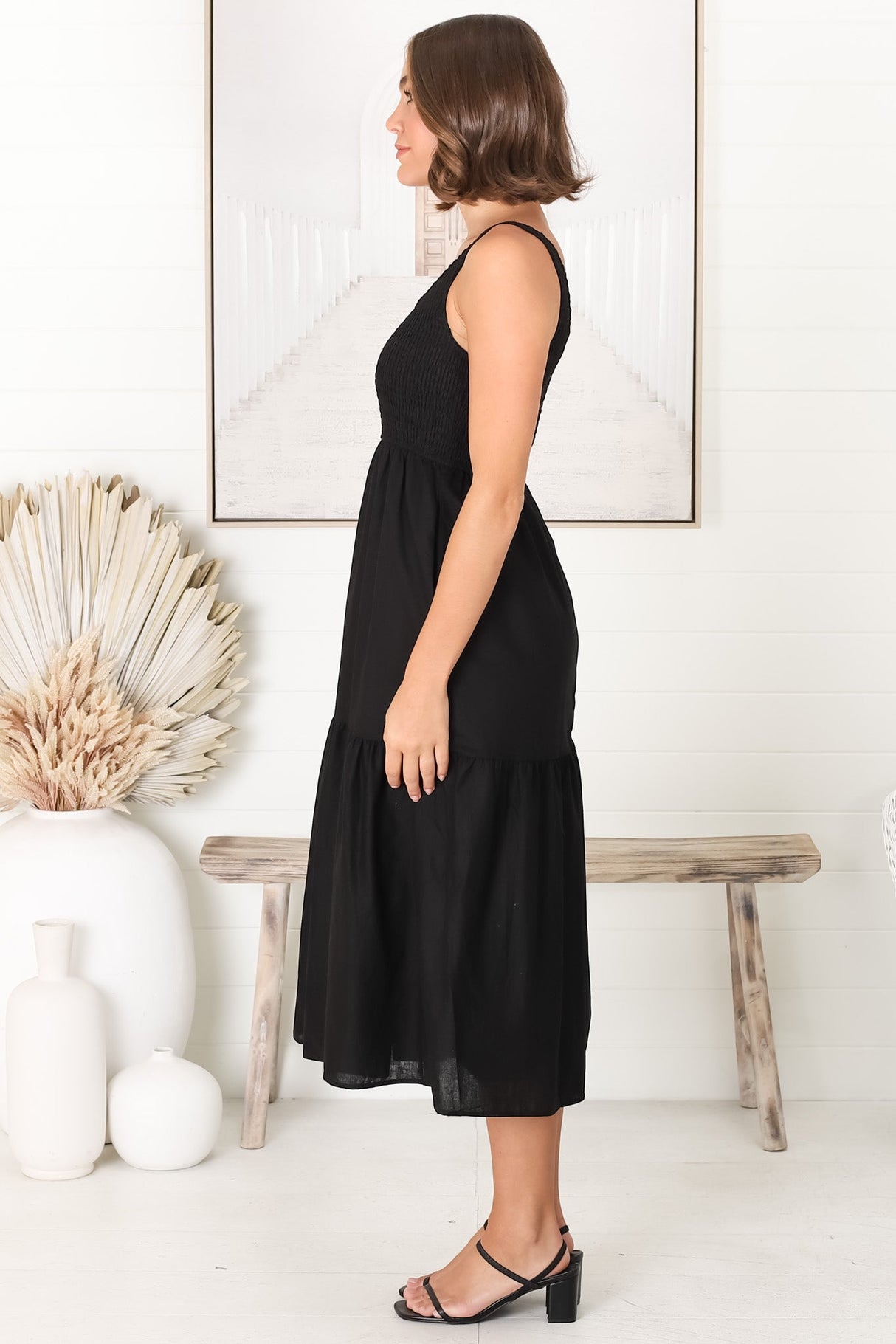 Sarlie Midi Dress - Shirred Bodice Cotton/Linen Blend Tiered Dress in Black