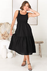 Sarlie Midi Dress - Shirred Bodice Cotton/Linen Blend Tiered Dress in Black