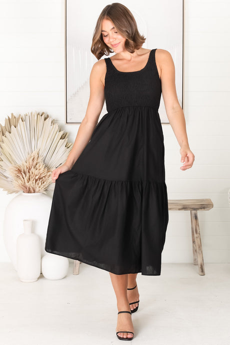 Sarlie Midi Dress - Shirred Bodice Cotton/Linen Blend Tiered Dress in Black