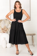 Sarlie Midi Dress - Shirred Bodice Cotton/Linen Blend Tiered Dress in Black