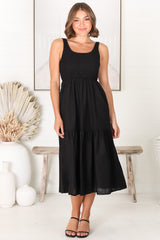 Sarlie Midi Dress - Shirred Bodice Cotton/Linen Blend Tiered Dress in Black