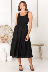 Sarlie Midi Dress - Shirred Bodice Cotton/Linen Blend Tiered Dress in Black