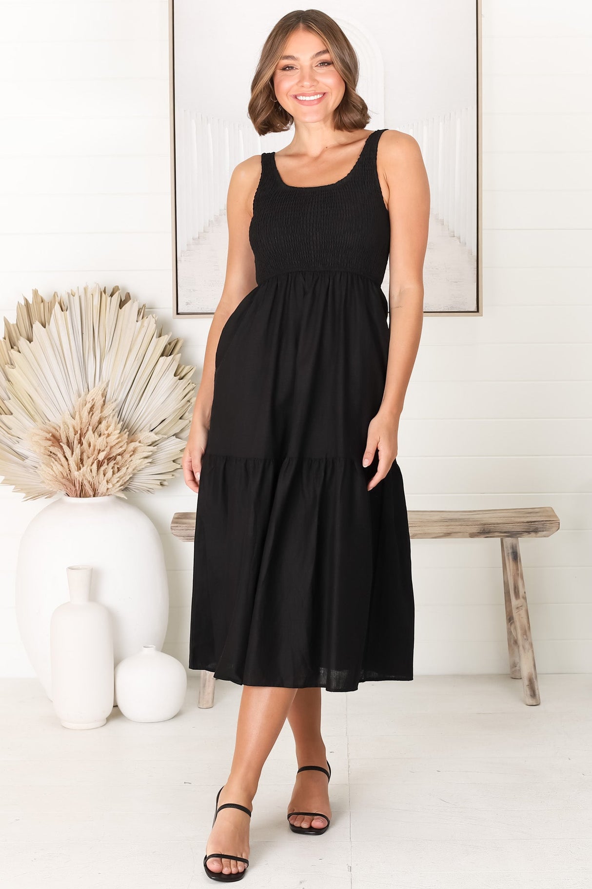 Sarlie Midi Dress - Shirred Bodice Cotton/Linen Blend Tiered Dress in Black