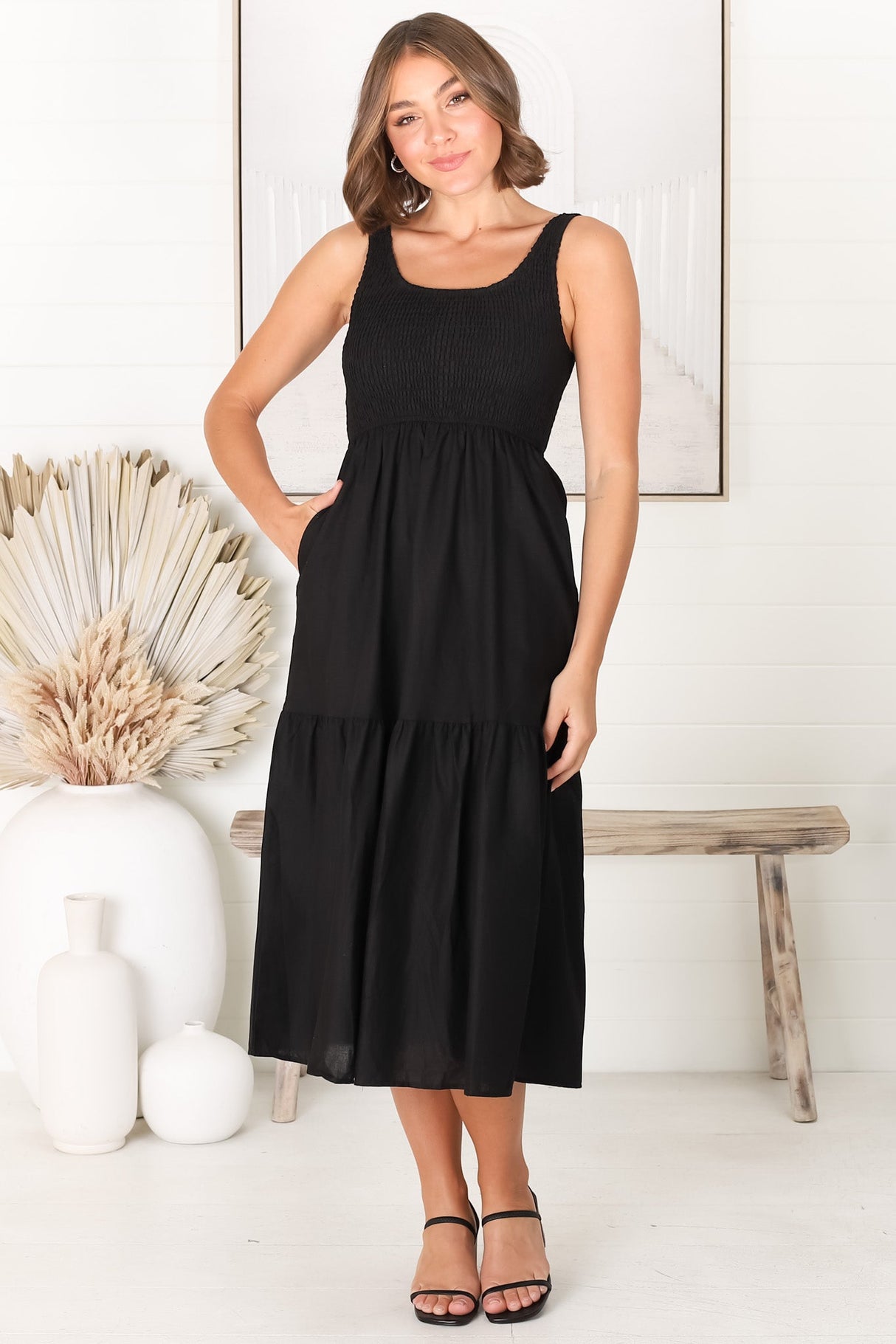 Sarlie Midi Dress - Shirred Bodice Cotton/Linen Blend Tiered Dress in Black