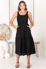 Sarlie Midi Dress - Shirred Bodice Cotton/Linen Blend Tiered Dress in Black