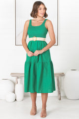 Sarlie Midi Dress - Shirred Bodice Cotton/Linen Blend Tiered Dress in Green