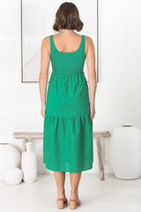 Sarlie Midi Dress - Shirred Bodice Cotton/Linen Blend Tiered Dress in Green