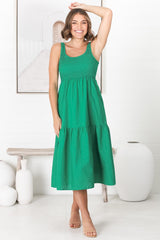 Sarlie Midi Dress - Shirred Bodice Cotton/Linen Blend Tiered Dress in Green