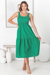 Sarlie Midi Dress - Shirred Bodice Cotton/Linen Blend Tiered Dress in Green