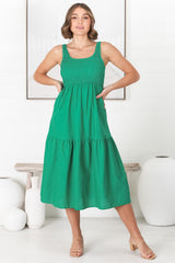 Sarlie Midi Dress - Shirred Bodice Cotton/Linen Blend Tiered Dress in Green