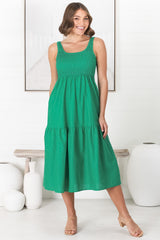 Sarlie Midi Dress - Shirred Bodice Cotton/Linen Blend Tiered Dress in Green