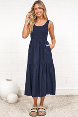 Sarlie Midi Dress - Shirred Bodice Cotton/Linen Blend Tiered Dress in Navy
