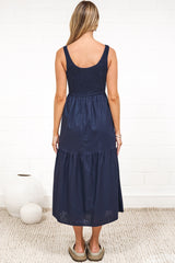 Sarlie Midi Dress - Shirred Bodice Cotton/Linen Blend Tiered Dress in Navy