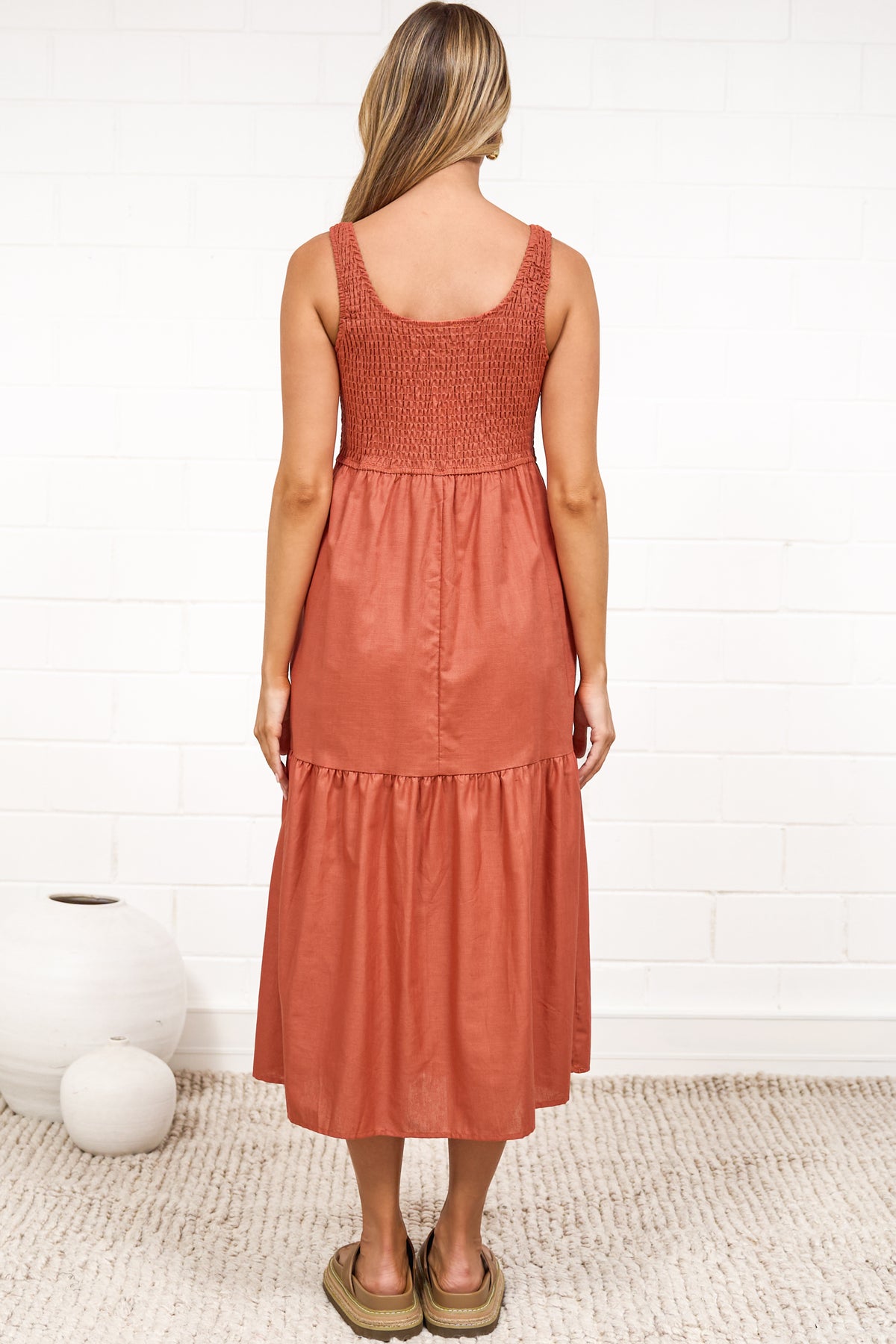 Sarlie Midi Dress - Shirred Bodice Cotton/Linen Blend Tiered Dress in Orange