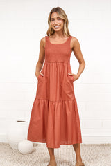 Sarlie Midi Dress - Shirred Bodice Cotton/Linen Blend Tiered Dress in Orange