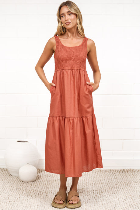 Sarlie Midi Dress - Shirred Bodice Cotton/Linen Blend Tiered Dress in Orange