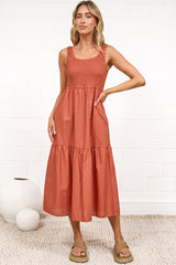 Sarlie Midi Dress - Shirred Bodice Cotton/Linen Blend Tiered Dress in Orange