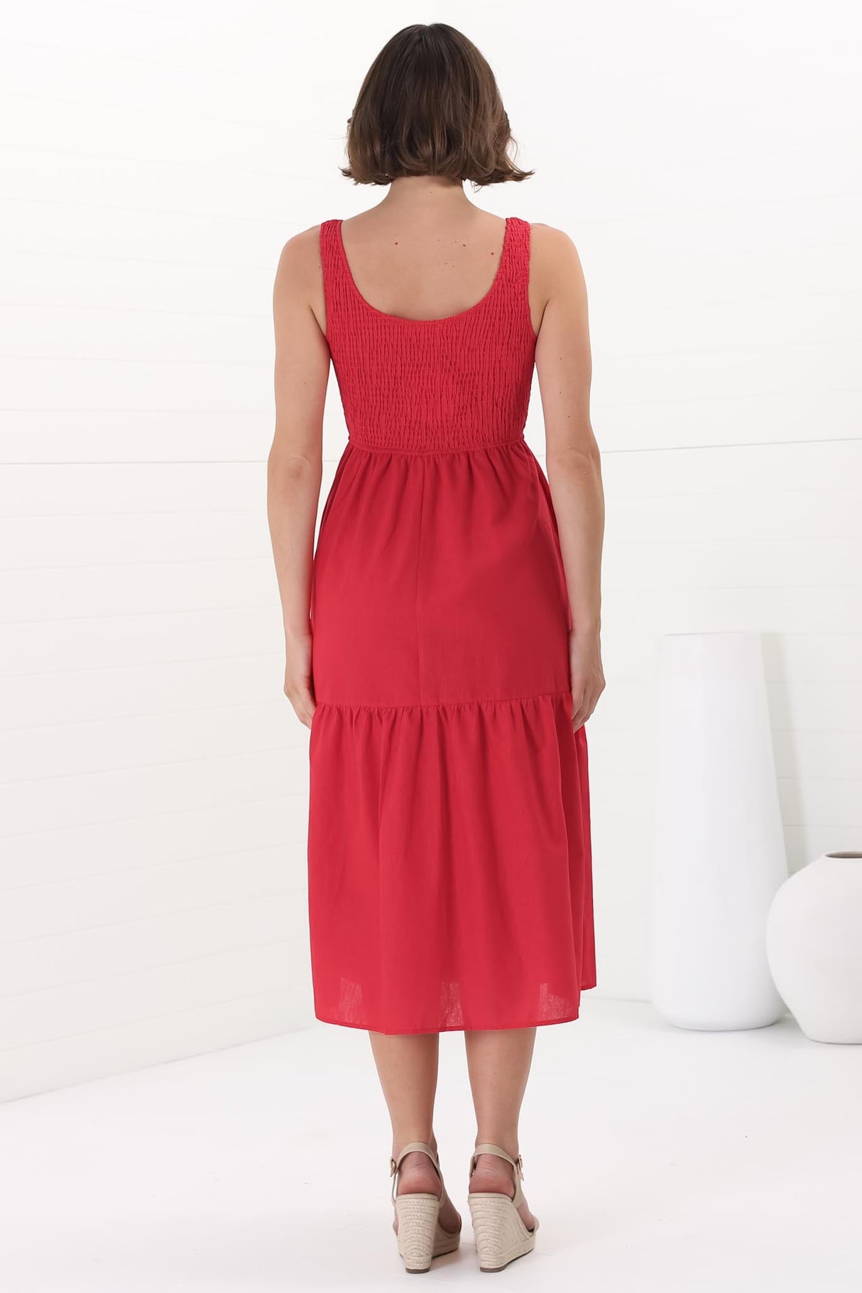 Sarlie Midi Dress - Shirred Bodice Cotton/Linen Blend Tiered Dress in Red