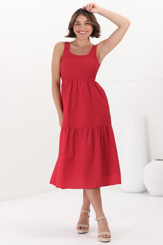 Sarlie Midi Dress - Shirred Bodice Cotton/Linen Blend Tiered Dress in Red