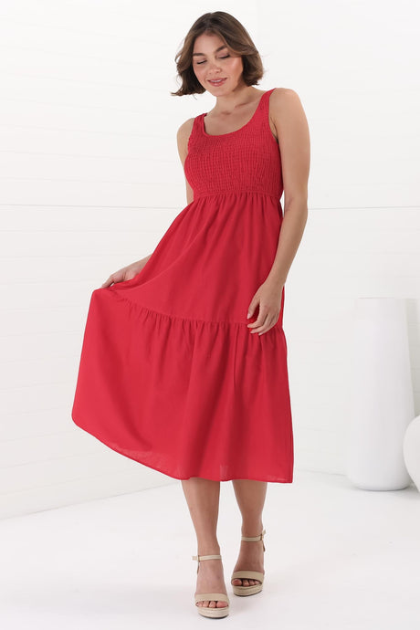 Sarlie Midi Dress - Shirred Bodice Cotton/Linen Blend Tiered Dress in Red