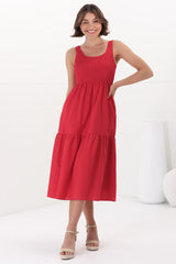 Sarlie Midi Dress - Shirred Bodice Cotton/Linen Blend Tiered Dress in Red