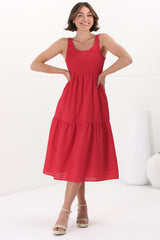 Sarlie Midi Dress - Shirred Bodice Cotton/Linen Blend Tiered Dress in Red