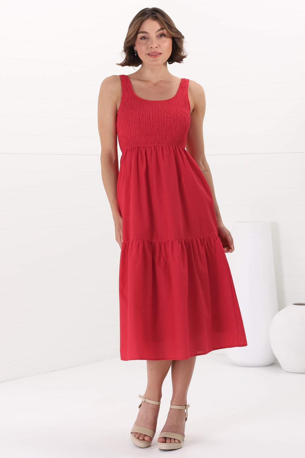 Sarlie Midi Dress - Shirred Bodice Cotton/Linen Blend Tiered Dress in Red