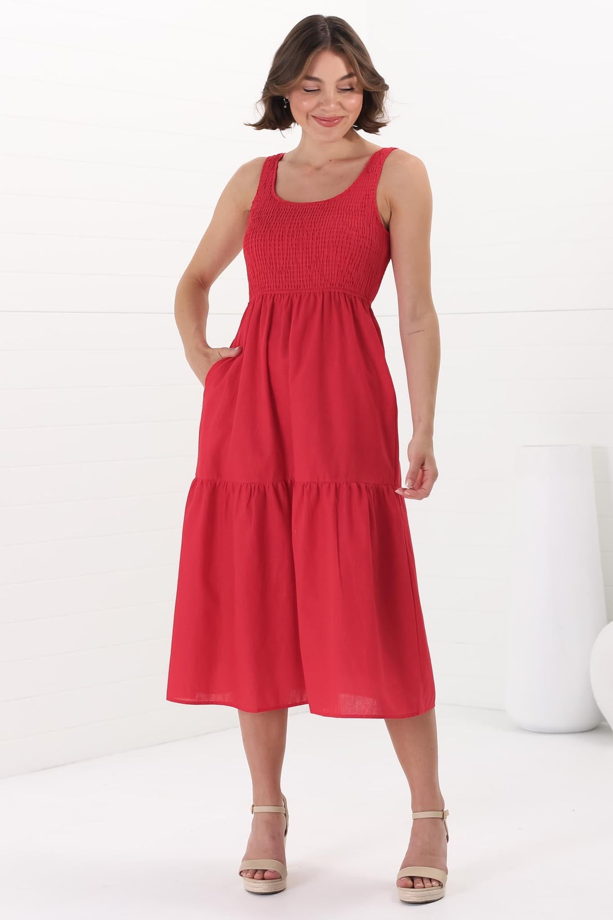 Sarlie Midi Dress - Shirred Bodice Cotton/Linen Blend Tiered Dress in Red