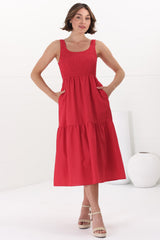 Sarlie Midi Dress - Shirred Bodice Cotton/Linen Blend Tiered Dress in Red