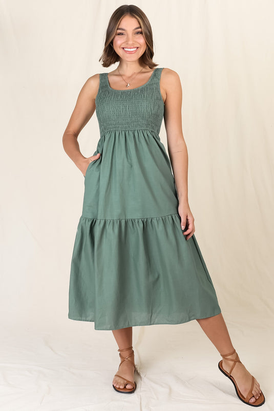 Sarlie Midi Dress - Shirred Bodice Cotton/Linen Blend Tiered Dress in Sage