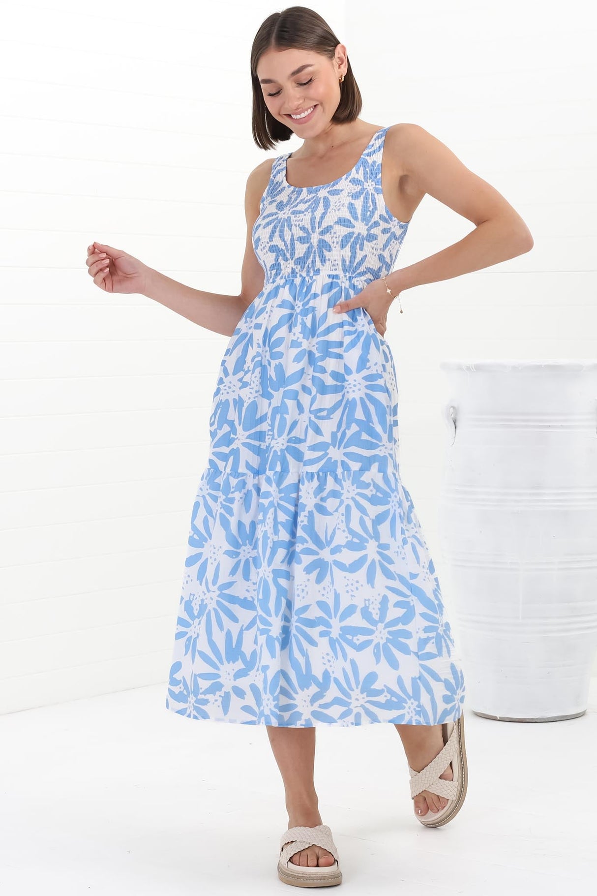 Sarlie Midi Dress - Shirred Bodice Tiered Sun Dress in Viola Print Blue