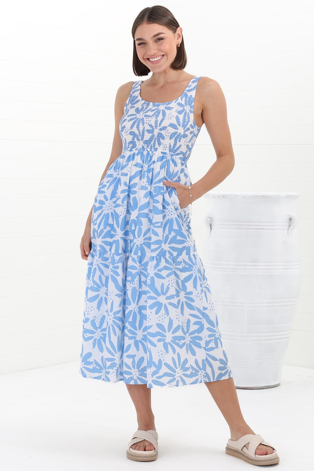 Sarlie Midi Dress - Shirred Bodice Tiered Sun Dress in Viola Print Blue