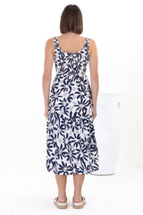 Sarlie Midi Dress - Shirred Bodice Tiered Sun Dress in Viola Print Navy