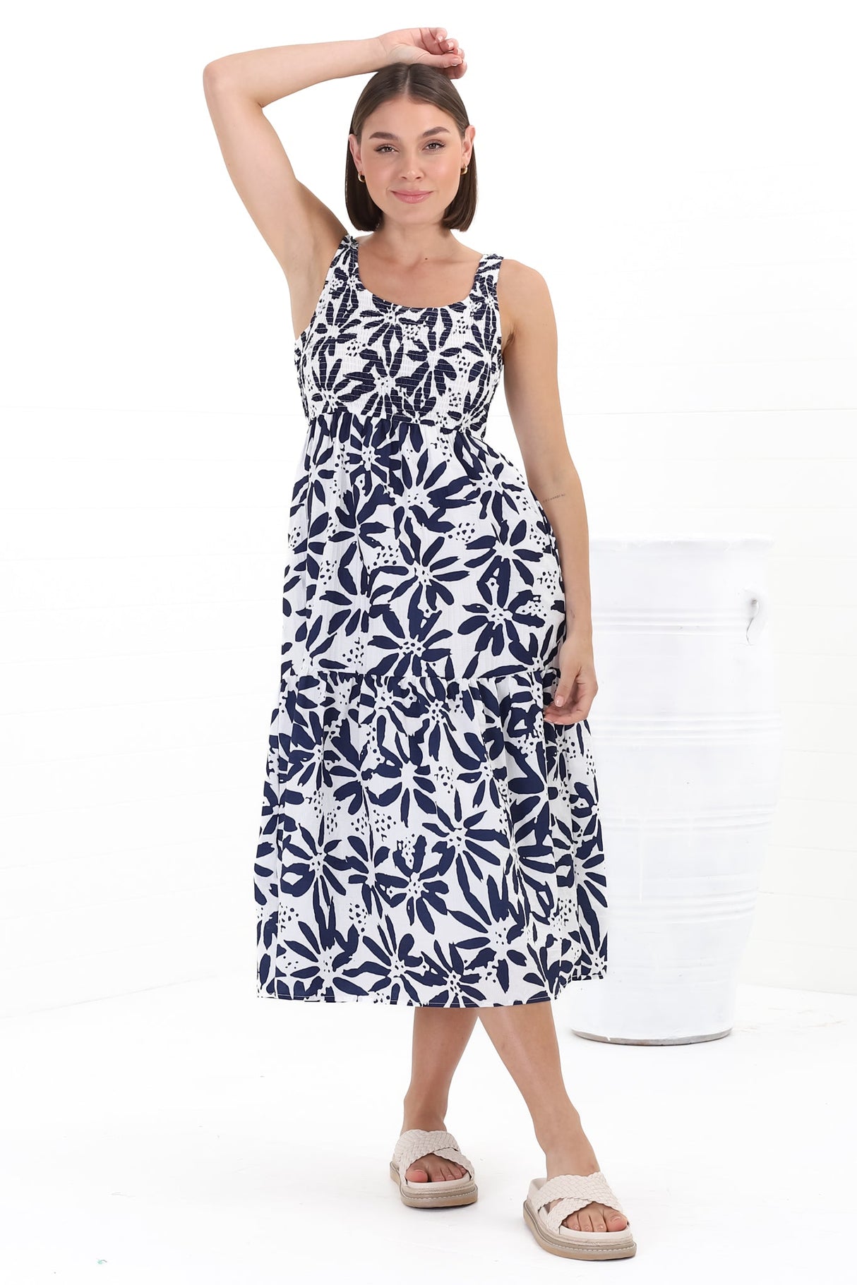 Sarlie Midi Dress - Shirred Bodice Tiered Sun Dress in Viola Print Navy