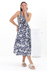 Sarlie Midi Dress - Shirred Bodice Tiered Sun Dress in Viola Print Navy