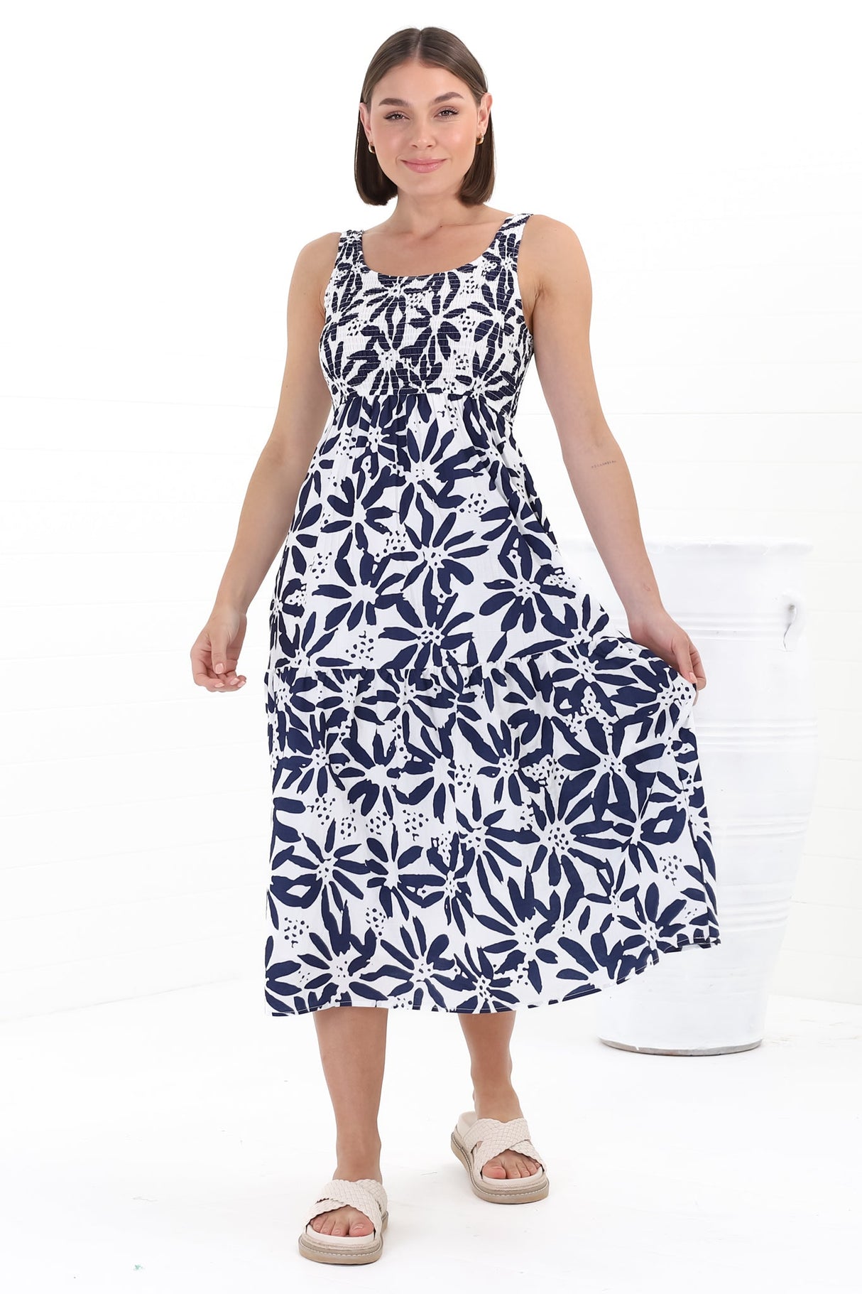 Sarlie Midi Dress - Shirred Bodice Tiered Sun Dress in Viola Print Navy