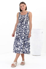 Sarlie Midi Dress - Shirred Bodice Tiered Sun Dress in Viola Print Navy