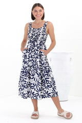 Sarlie Midi Dress - Shirred Bodice Tiered Sun Dress in Viola Print Navy