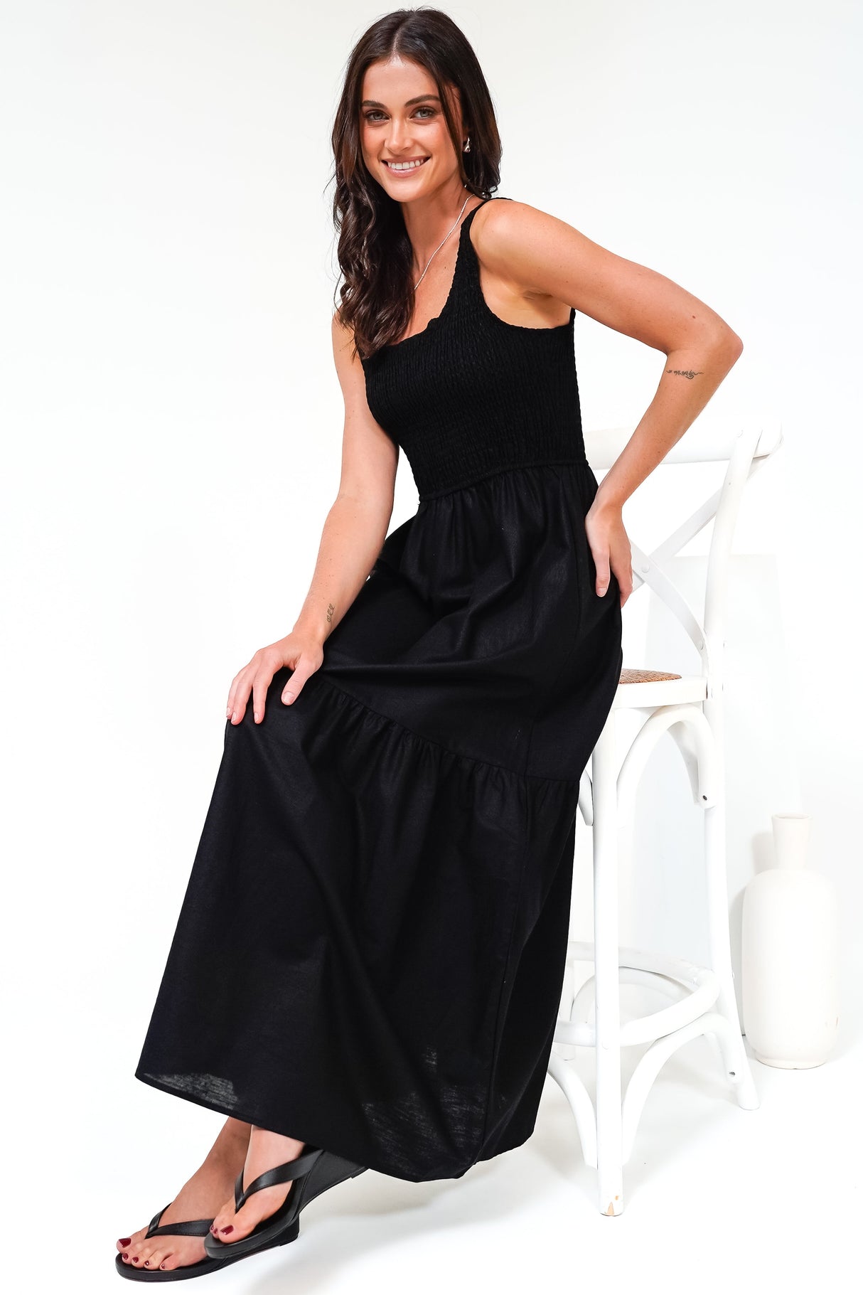 Sarlita Midi Dress - Shirred Bodice Sleeveless Tiered Dress with Pockets in Black