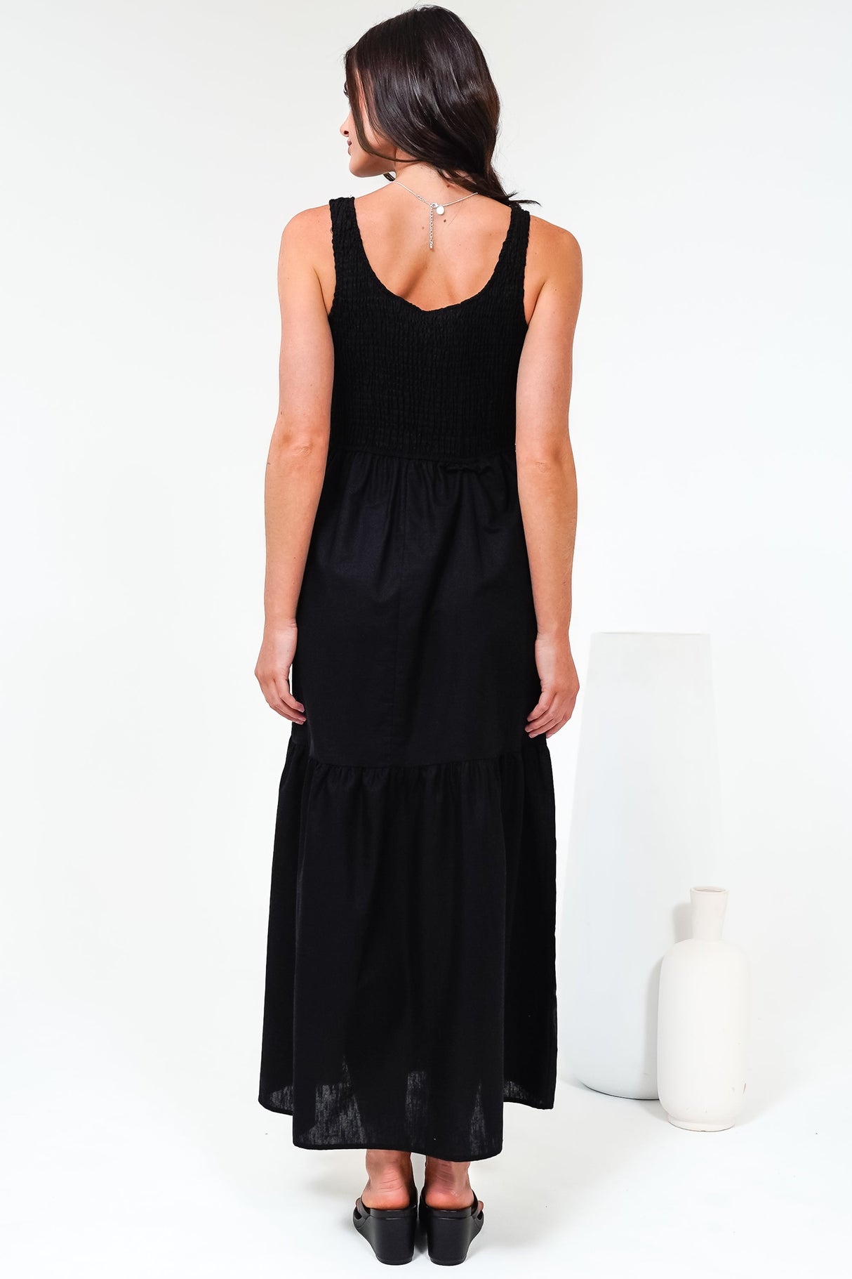 Sarlita Midi Dress - Shirred Bodice Sleeveless Tiered Dress with Pockets in Black
